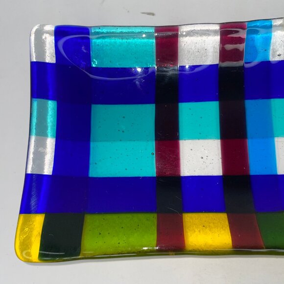Fused Art Glass Trinket Tray Blue Yellow Check Design 7.5" X 4" - Picture 4 of 8